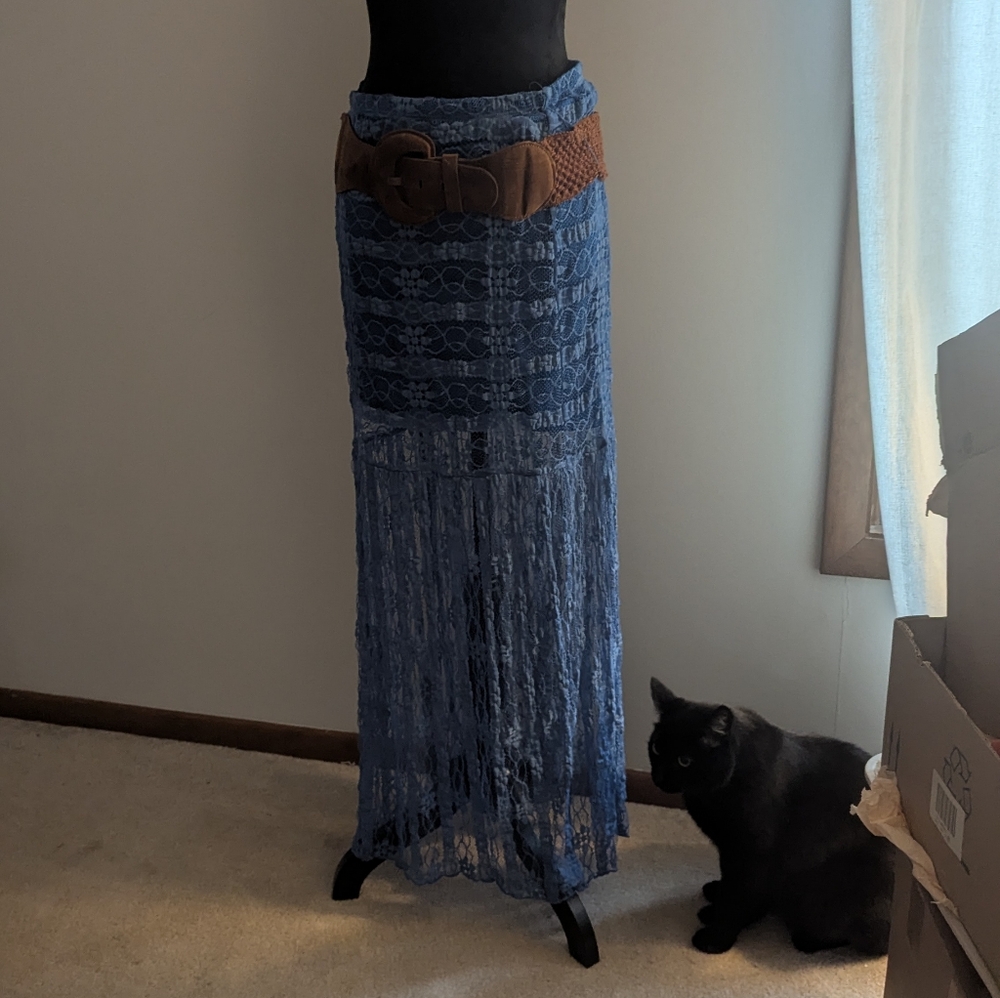 No Boundaries Blue Lace Maxi Skirt with Brown Belt